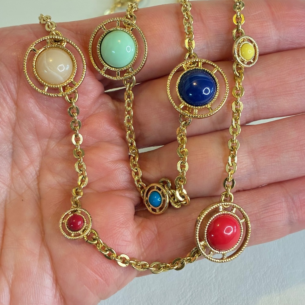 Talbots Double Strand Station Necklace Multi Color Cabochon Gold Tone Long
